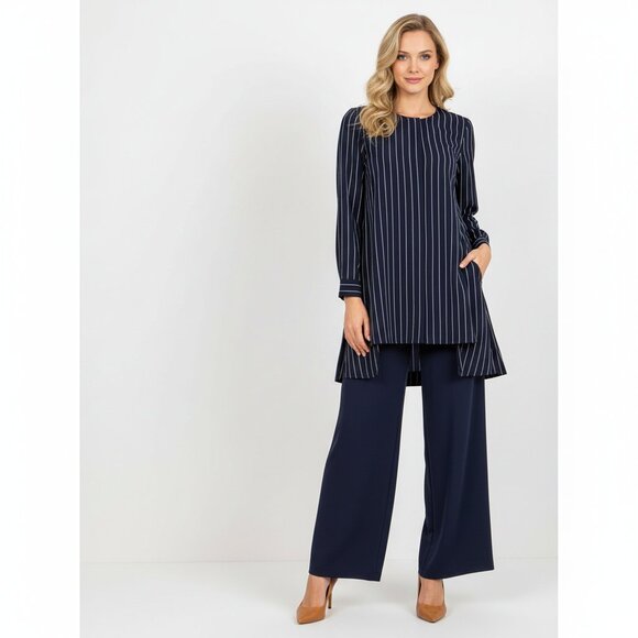 Armani Exchange Blue & White Pinstriped Long Sleeve Collarless Blouse XS - Picture 6 of 6